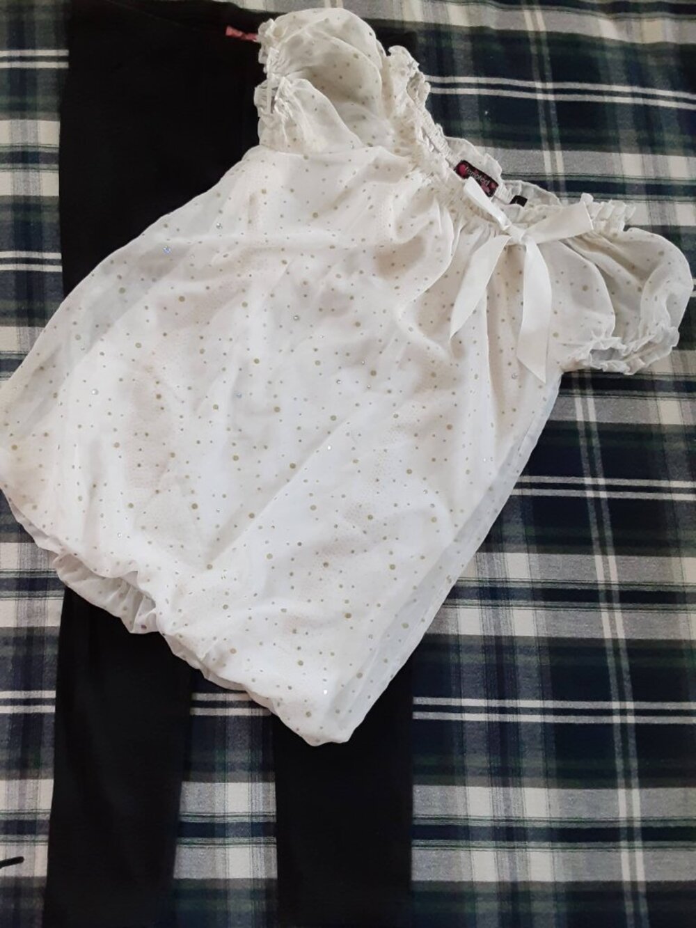 Cute White Bubble Hem Top Black Leggings Pants Girls Sz 8 School Outfit Lot Set
